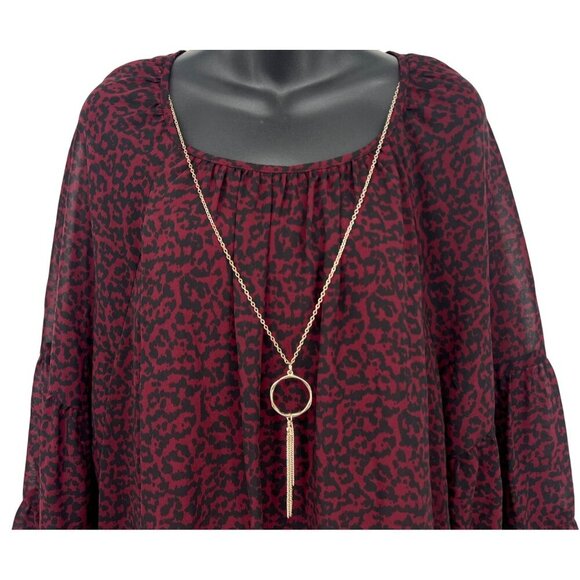 JM Collection Women XL Cherry Pie Red Black Leopard Blouse Long Bell Sleeve New - Picture 2 of 9